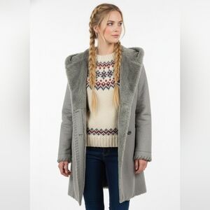 Covington Coat Gray Faux Shearling Sherpa Hooded Boho Retro Faux Fur L